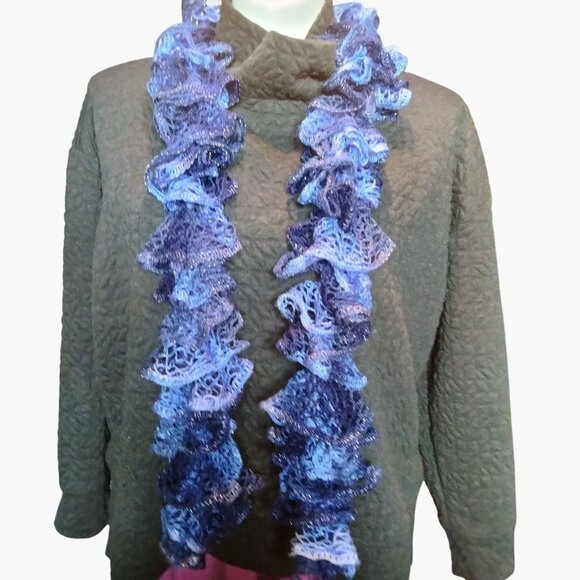 Handmade Ruffled Scarf Blue Lightweight Lacey Crochet - Picture 3 of 6